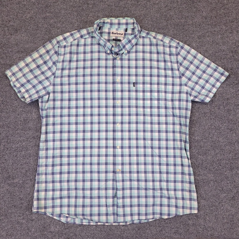 Barbour Button Down Shirt Mens XL Blue Green Tattersall Plaid Cotton